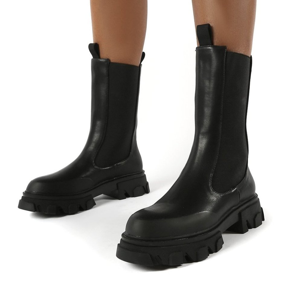 BOSTON BLACK CALF HIGH CHUNKY SOLE BOOTS
